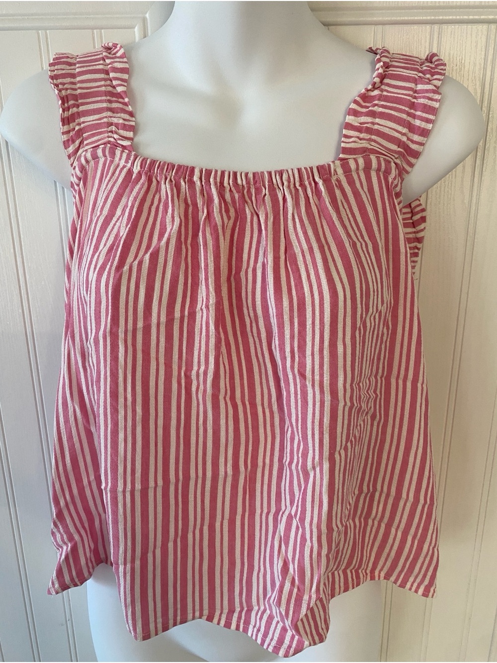 Women’s Pink White Striped Ruffle Strap Tank Top